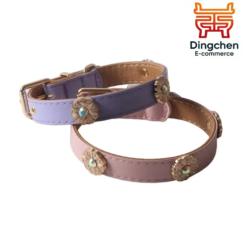 

New Arrival Macaron Solid PU Pet Collar with Rhinestone Flower Decor Adjustable Necklace Accessories for Small Puppy Kitten