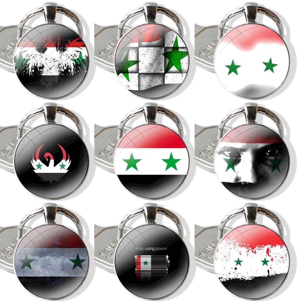 Syria Flag Glass Metal Pendant Key Chain Classic Men Women Key Ring Accessories Jewelry Gifts