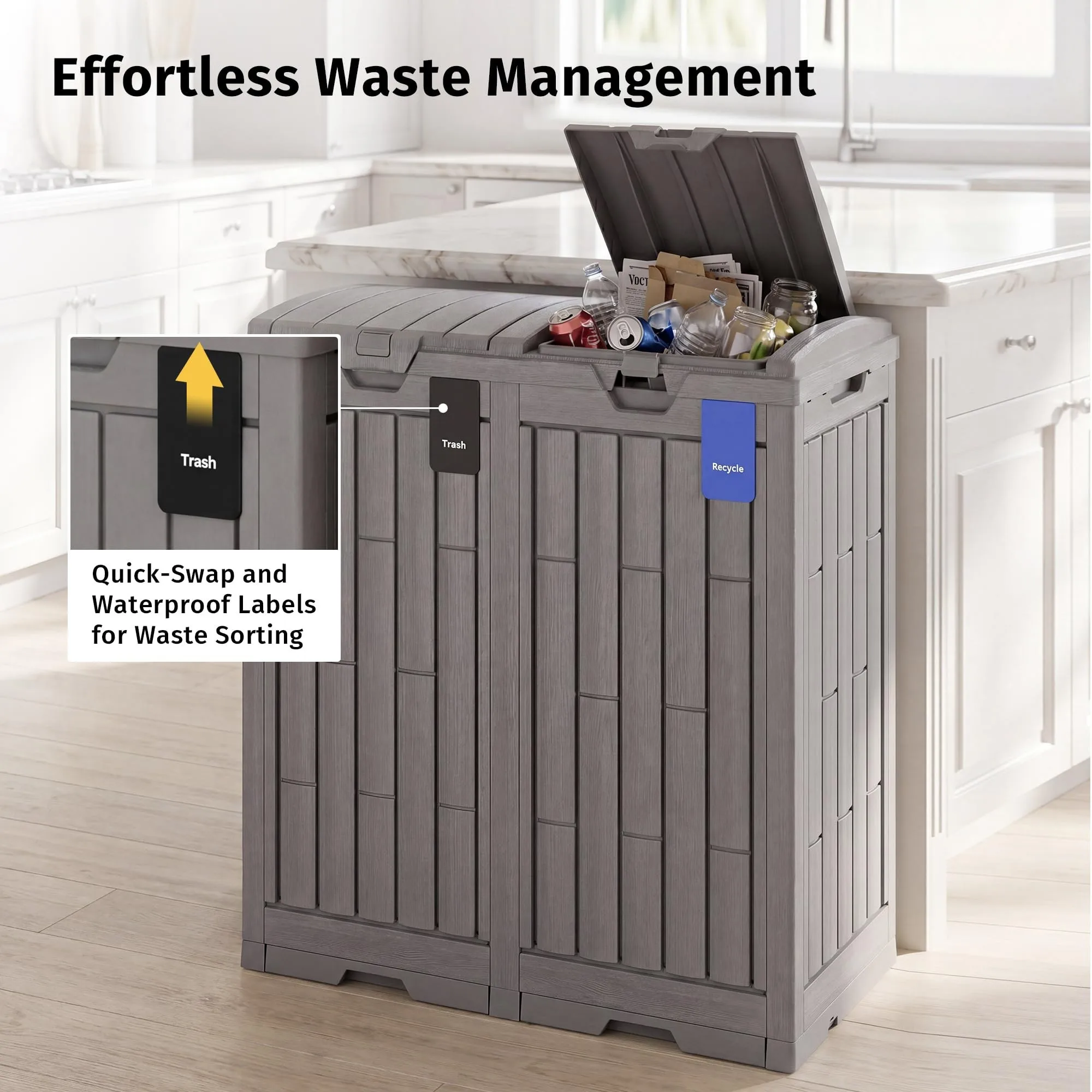 76 Gallon All Weather Resin Hideaway Garbage Can, Waterproof Waste Bin Equipped with Tiered Lid and Removable Drip Tray for Kitchen, Patio, Backyard and Deck