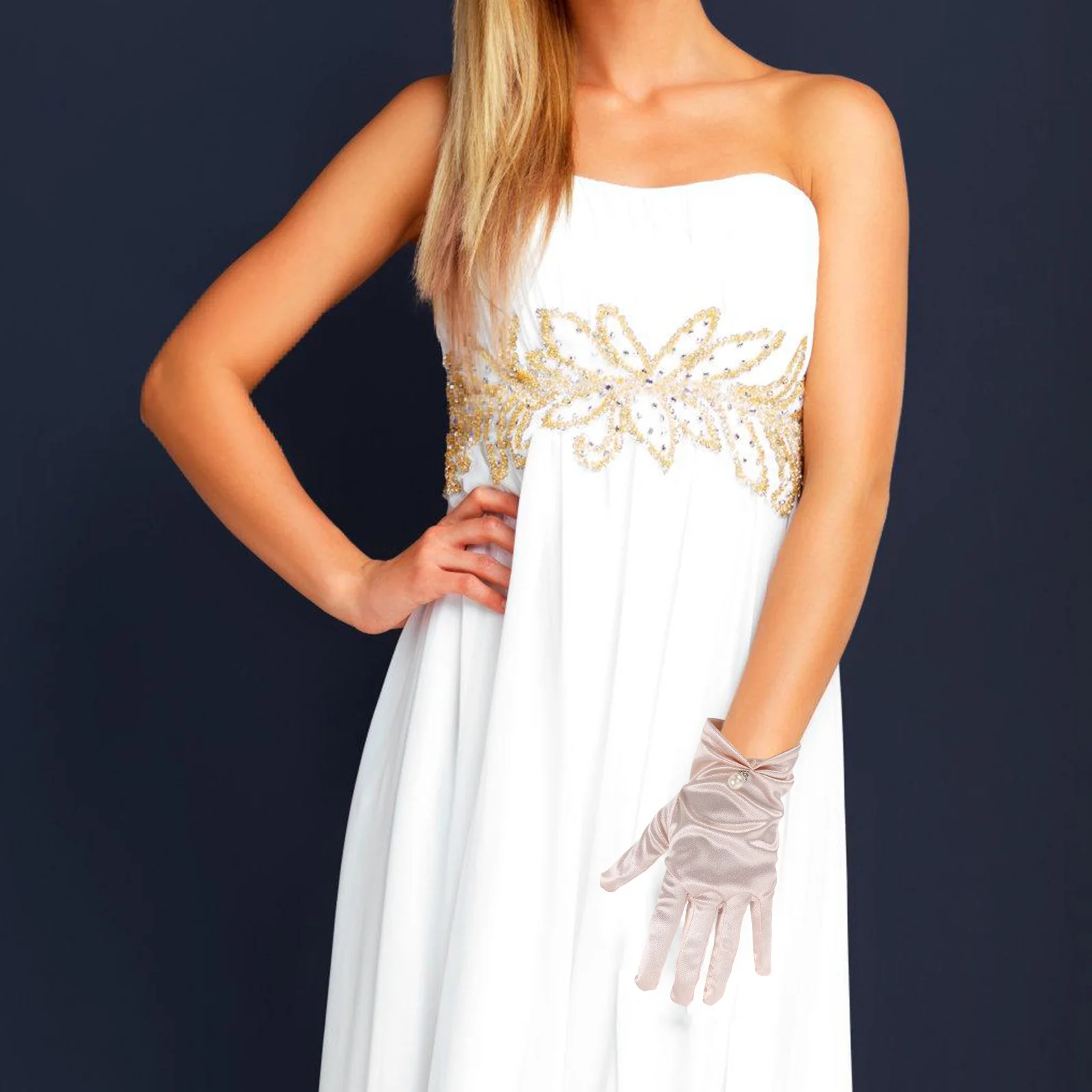 

1Pair Vintage Tea Party Pearl Short Satin Gloves Women Elegant Bridal Wedding Formal Dresses Accessories Banquet