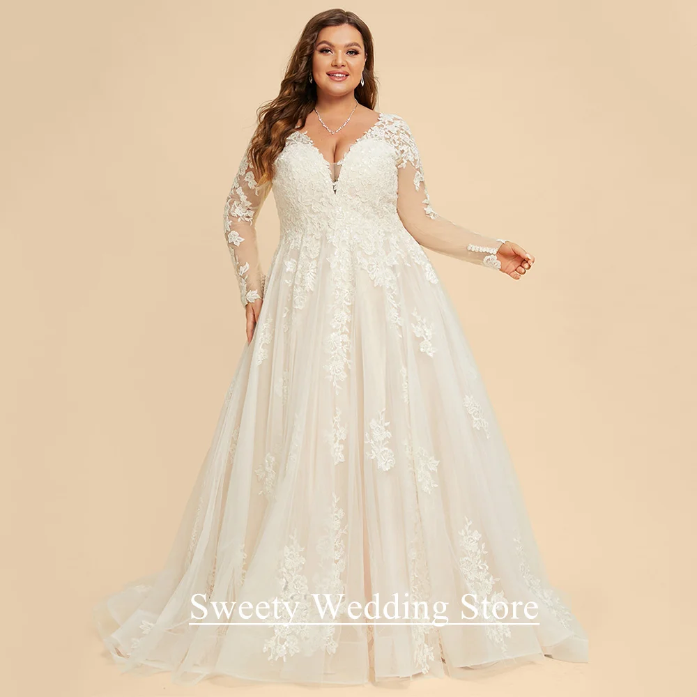 

Gorgeous A Line Wedding Dress Plus Size Customized V Neck Full Sleeves Applique Sweep Train Bridal Gown Robe Mariee