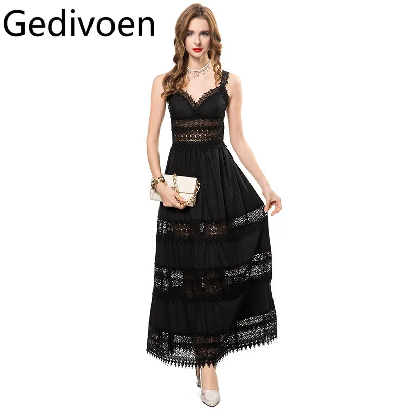 

Gedivoen Solid Sexy Spaghetti Strap Backless Lace Splicing Hollow Out Dress For Women Slim Big Swing Dresses