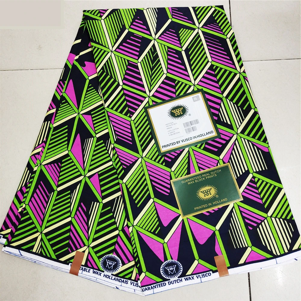 6 Yards Long 115cm Wide African Style Batik Cotton Fabric with Green Purple Geometry for DIY Summer Clothes Cushion Curtain R750