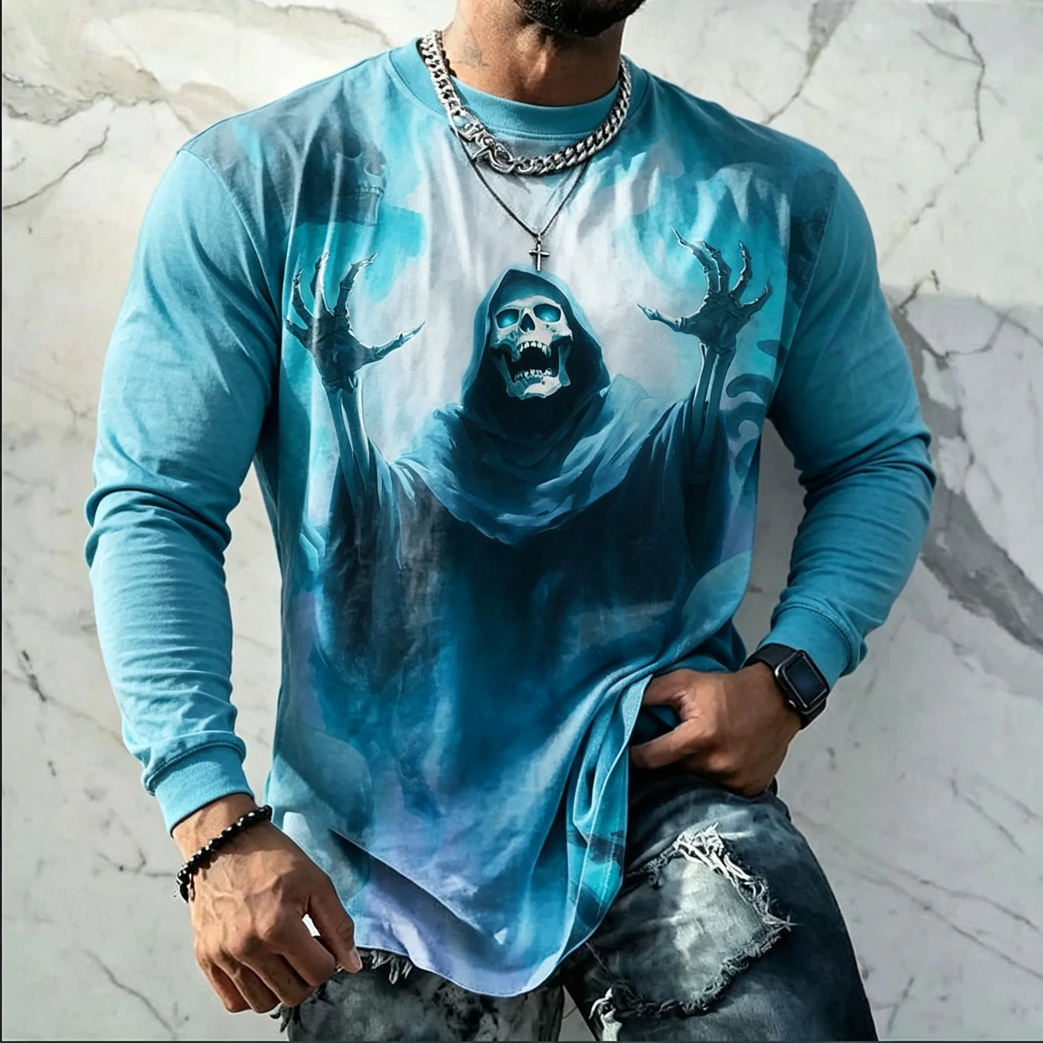 Men Grim Reaper Skull Print Long Sleeve Shirt Tie‑Dye Horror Ghost Graphic Crew Neck Top Casual Pullover Tees