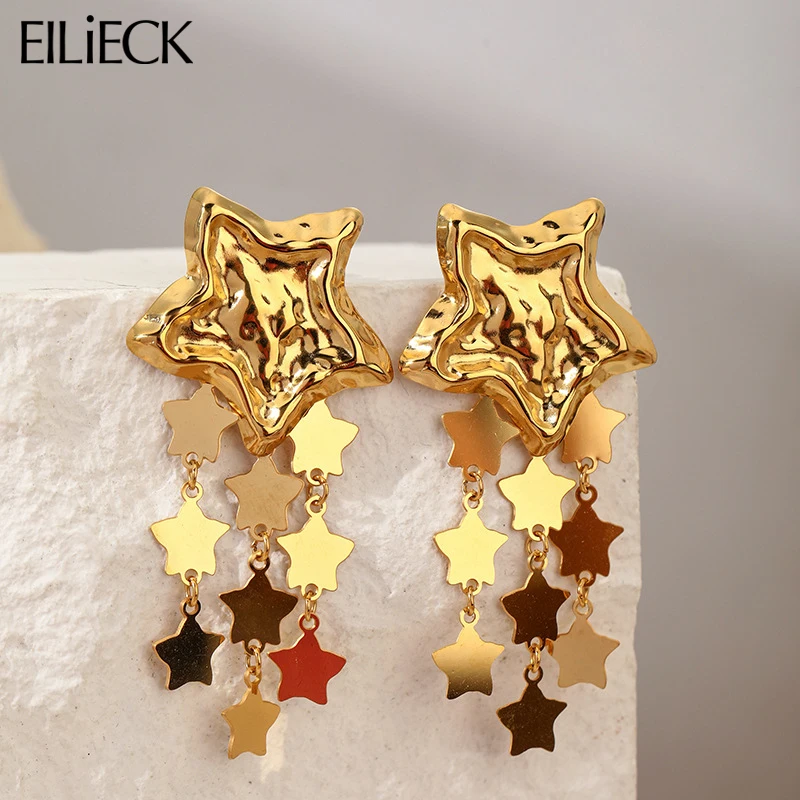 

EILIECK 316L Stainless Steel Waterproof Pentagram Stars Tassel Drop Dangle Earrings For Women Party Fashion Stylish Jewelry Gift
