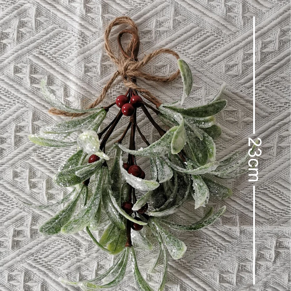 23cm Christmas Artificial Mistletoe Hanging Decoration with Berries Green Plastic Faux Mistletoe Plant for Holiday Decor