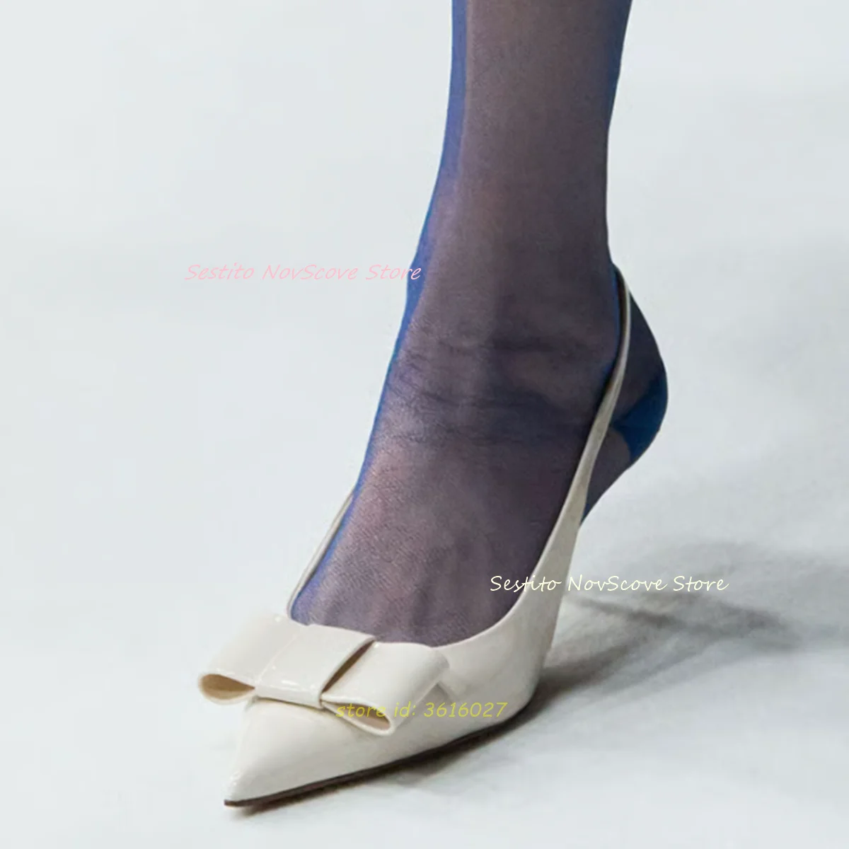 

Beige Pointy Toe Bow Pumps Classic High Heeled Back Straps Cutouts Slip On Patent Leather Shallow Sexy Women Summer Sandals
