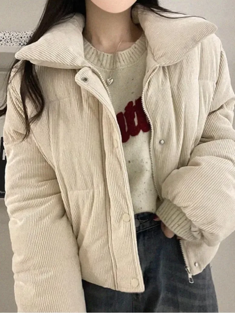 

Зимняя хлопковая куртка в стиле ретро, женская вельветовая шикарная куртка маленького размера, студенческая застежка-молния, длинный воротник све