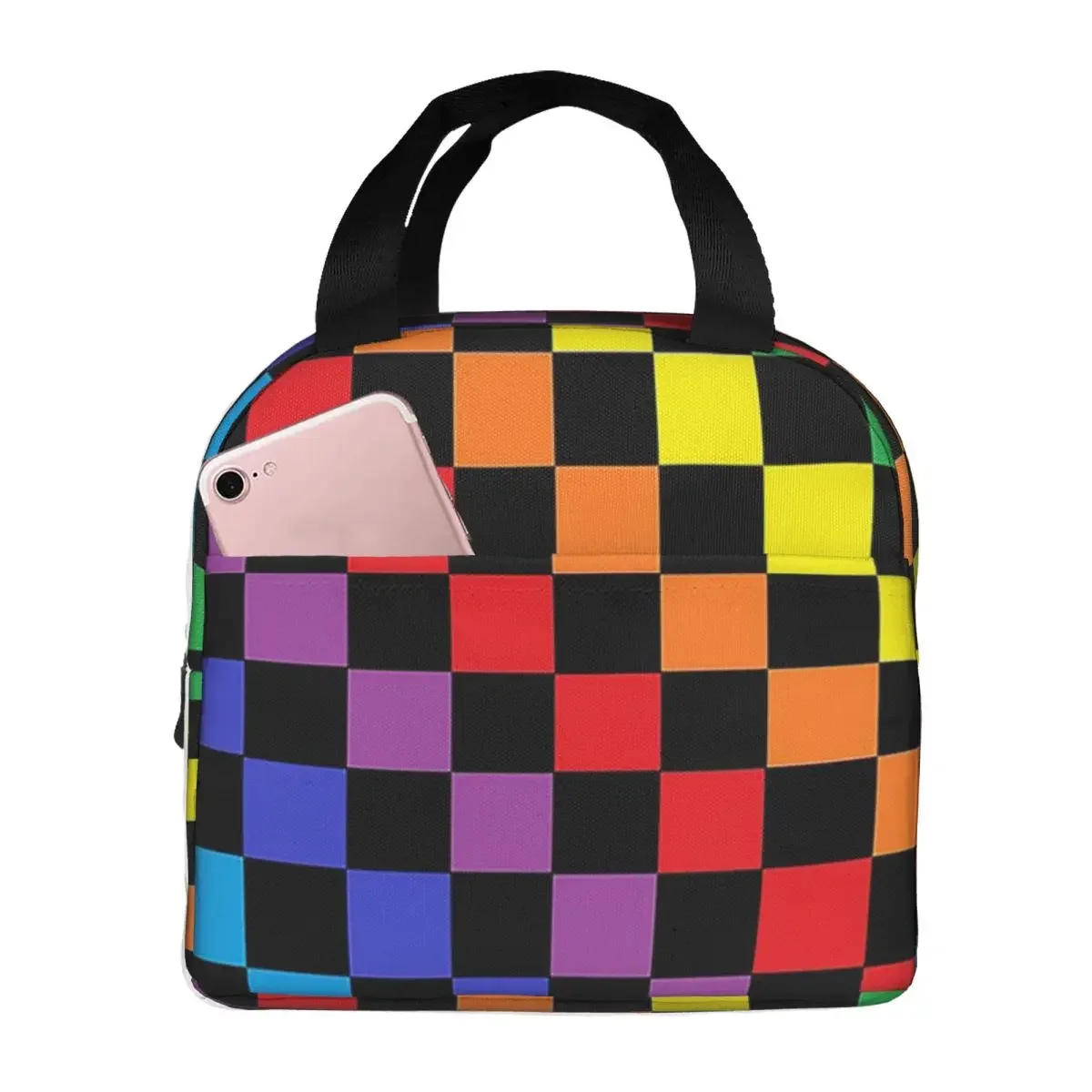 

Checkered Rainbow Black Lunch Bags Insulated Bento Box Lunch Tote Leakproof Picnic Bags Thermal Bag for Woman Kids Work