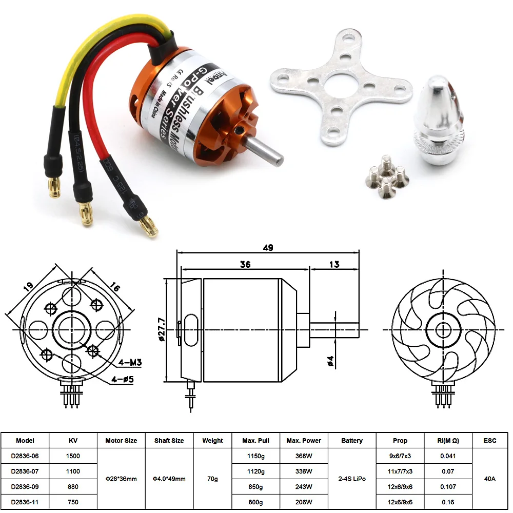 D2836 750KV 880KV 1120KV 1500KV 2-4S Brushless Outrunner Motor For Rc Multicopter Airplane Helicopter