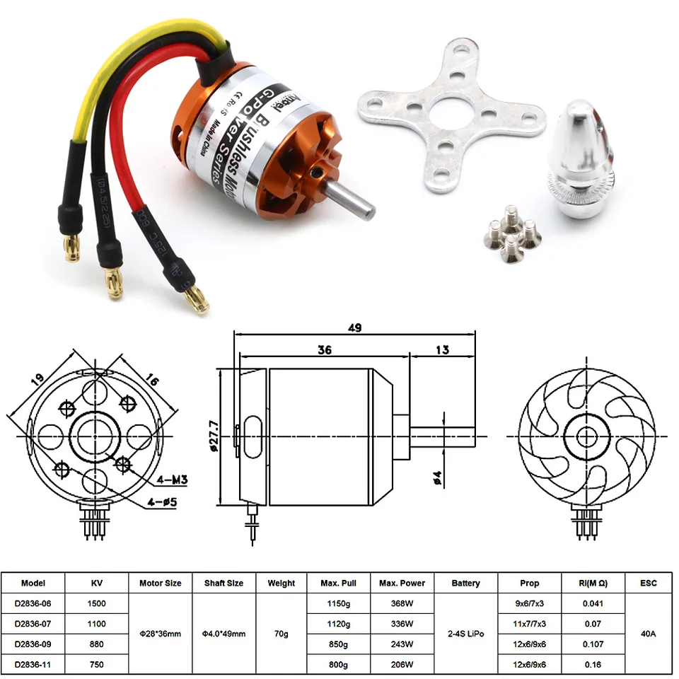 Moteur électrique sans balais à rotor externe, télécommande en métal, rotor externe sans balais pour avion A2212 4 axes