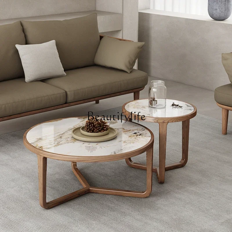 Bright Stone Plate Coffee Table Nordic Solid Wood round Combination Living Room Side Table Balcony Flower