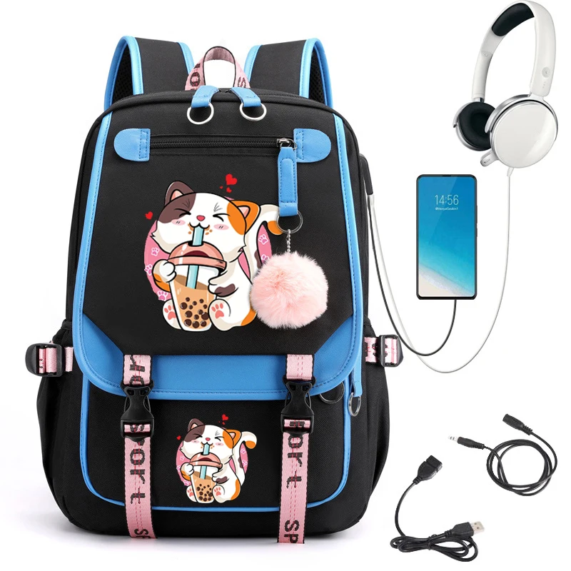 2024 New Nylon Women Backpack Korean Japanese Fashion Female Students Schoolbag Bubble Tea Funny Cat Anime Bookbag Travel Bags