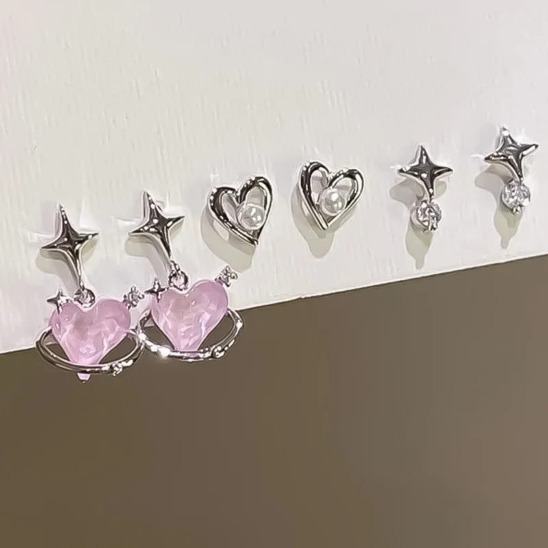 2/6Pcs Set Heart Stud Earrings Women's Personality Korean Fashion Y2K Pink Crystal Temperament Star Earrings Piercing for Ears