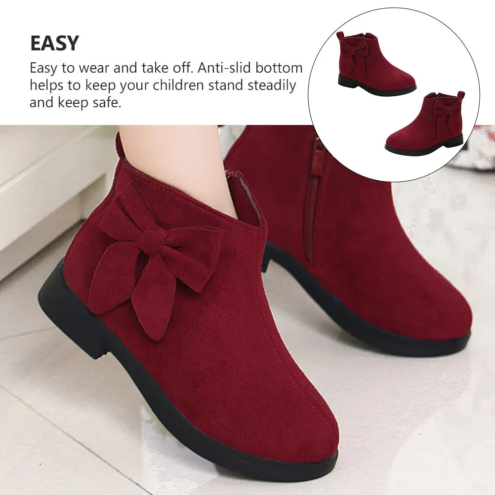 1Pair Girls Winter Short Boots Cute Bow Design Warm Comfortable Kids Ankle Booties Non Slip Bottom for Cold Weather Toddlers