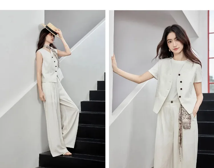 SENTUBILA Office 2 Piece Pant Set 2026 Women Linen Blend Summer Suit V Neck Waistcoat Wide Leg Baggy Pant Print Scarf 162ZA5663Z