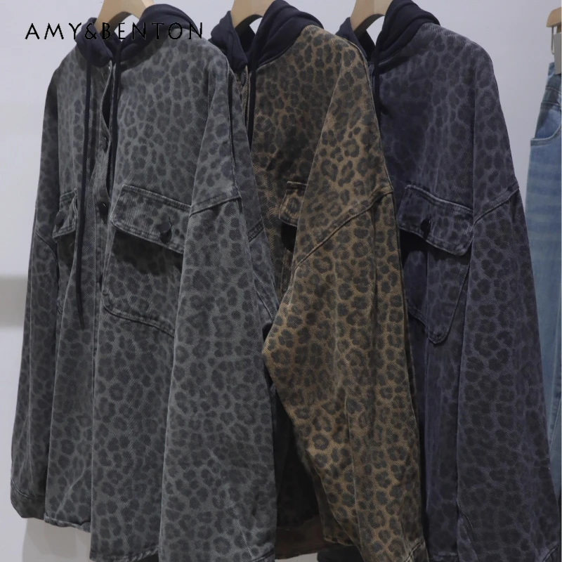 

Korean Style Leopard Print Hooded Patchwork Design Coat 2025 Autumn Vintage Loose Slimming Mid-Length Cotton Denim Jacket Female