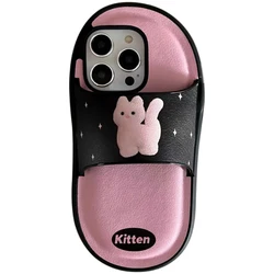 Korean INS Funny Pink Kitty Leather Slipper Case for iPhone 15 14 13 Pro Max Back Phone Cover for 12 11 X XR Xs 7 8 SE2020 Funda