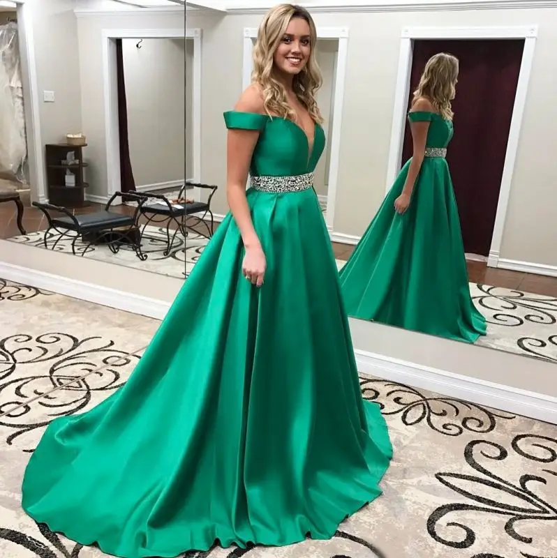 

LZPOVE Green Prom Dress A-line Women Off The Shoulder Beading Belt Wedding Party Dresses for Women Robe De Soirée De Mariage