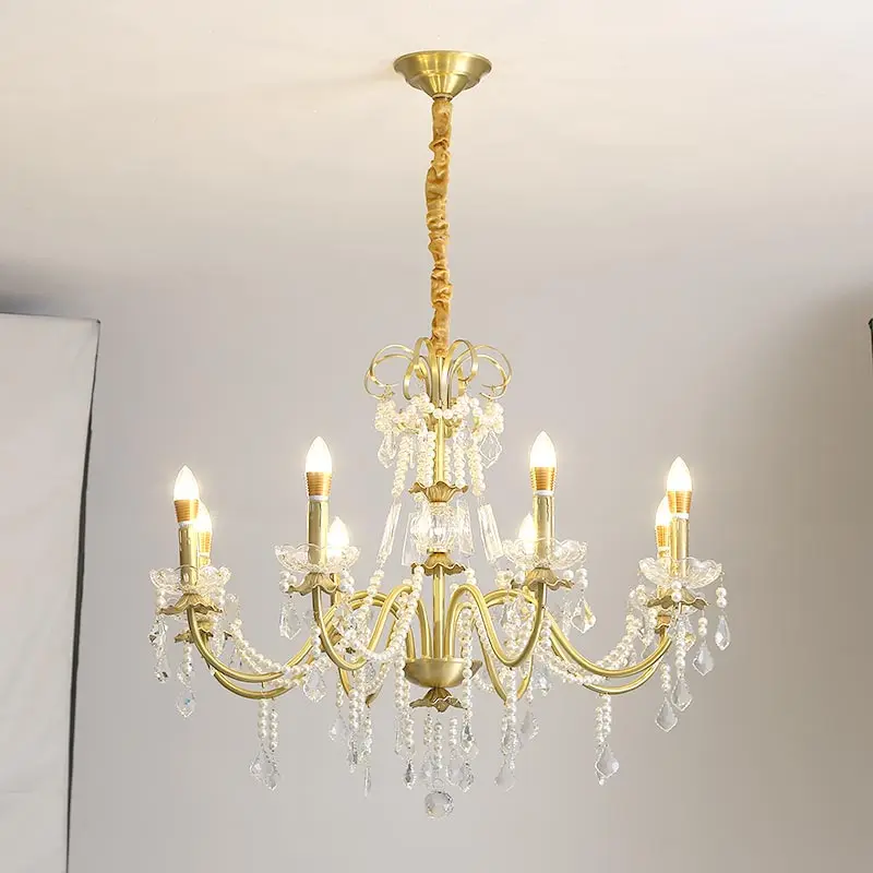 

Modern Real Copper 6 light Crystal Chandelier Led Ceiling Light Fixture Living Room Bedroom Home Decor Pendant Lamp Pearl e14