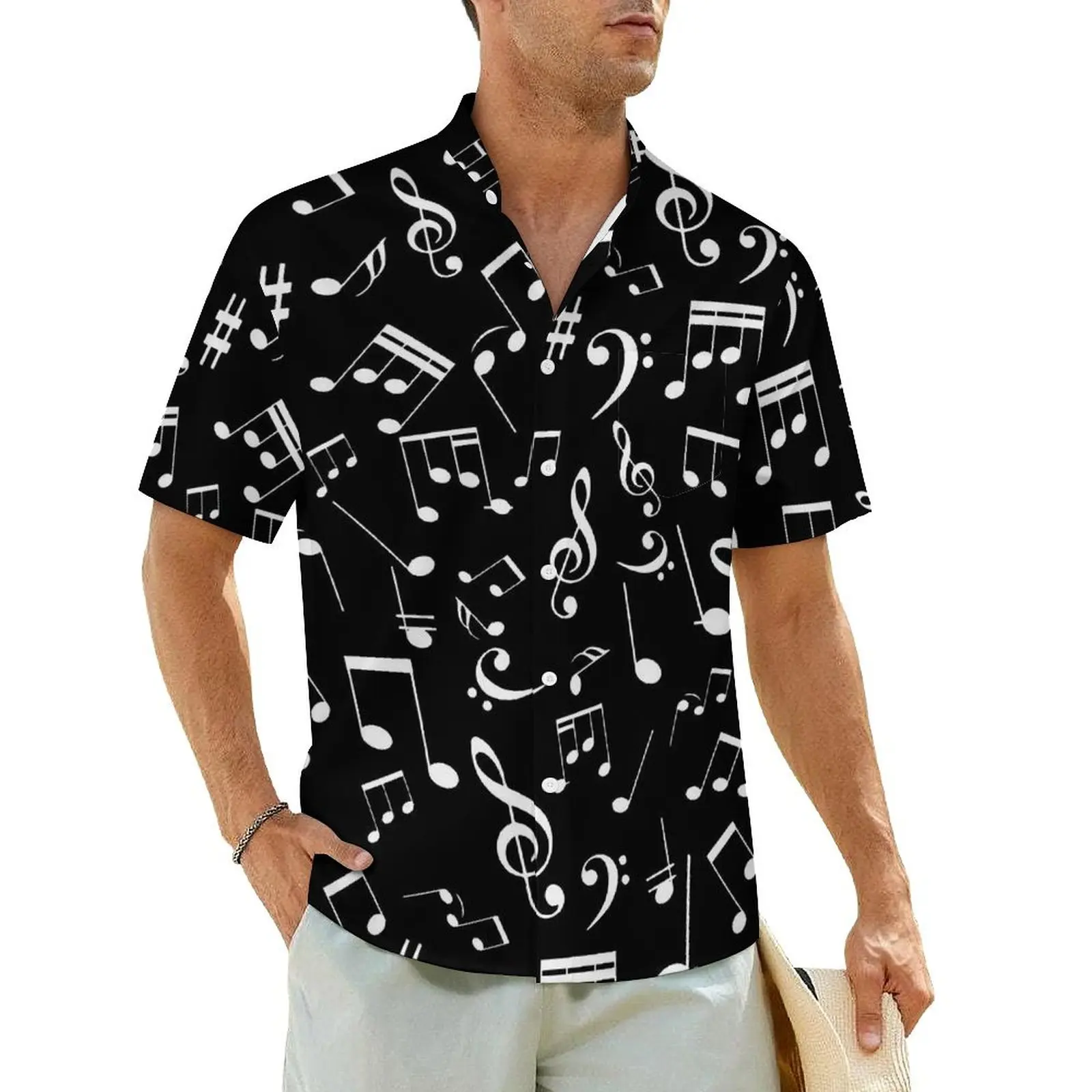 

Musical Notes Casual Shirt Black And White Vintage Hawaii Shirts Mens Short Sleeve Vacation Streetwear Design Oversize Blouses