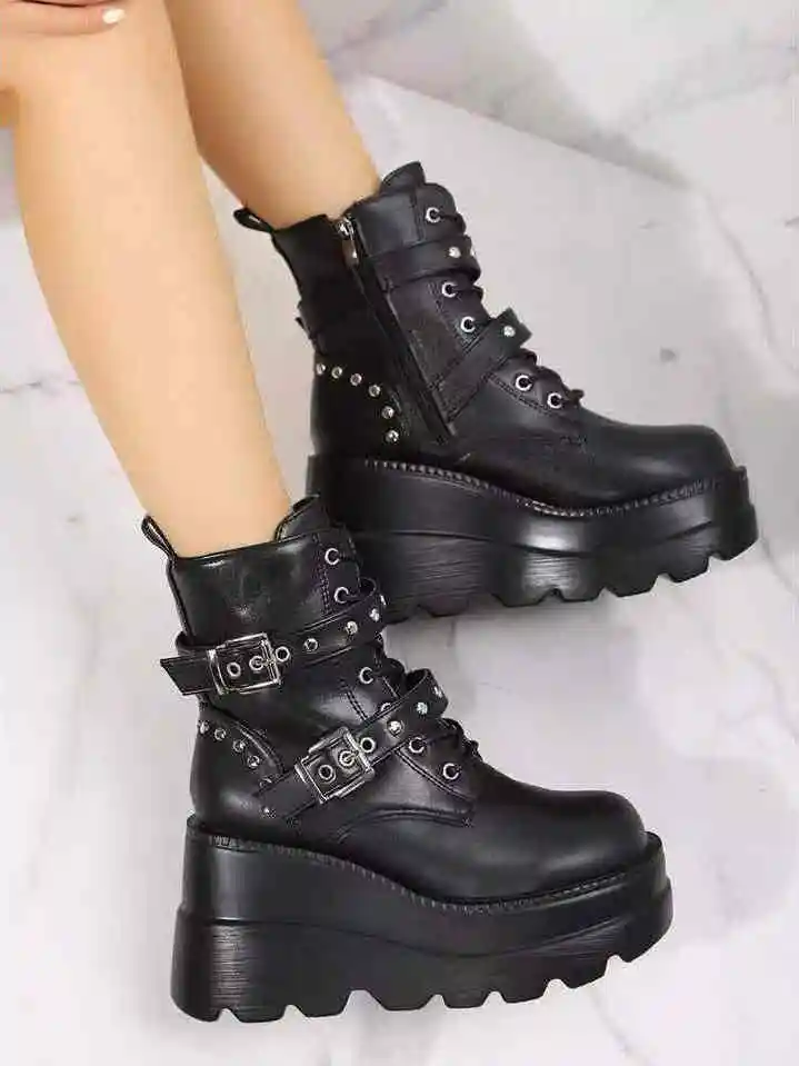 

Ретро Американский Thi Bot Heightening Hot Girl Y2K Gothic Thi Bot Сапоги до колена с высоким берцем Сапоги Marten с круглым носком