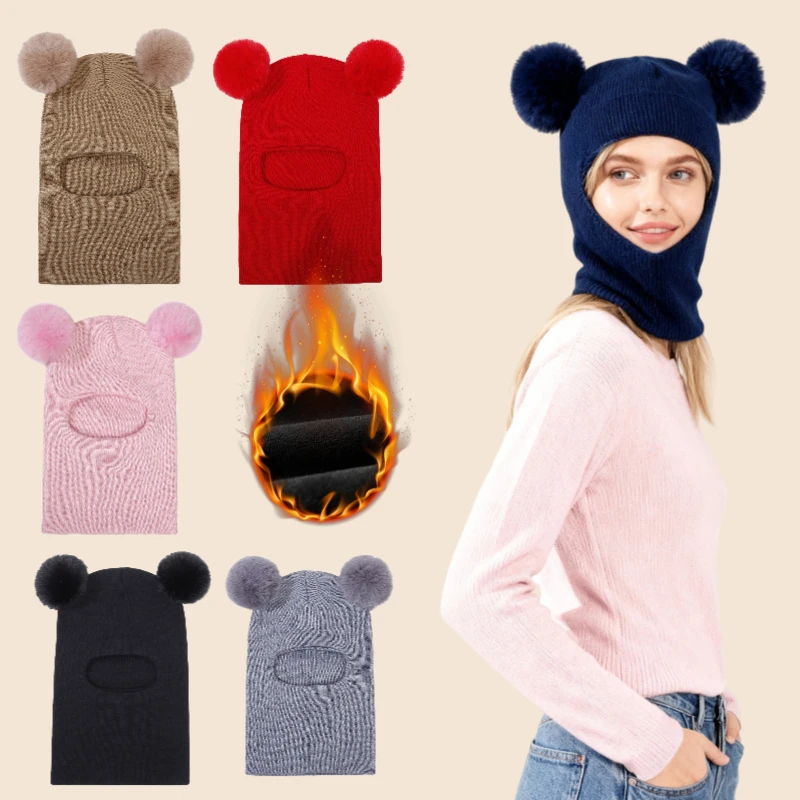 1 Stück dicke warme Gesichtsbedeckung für Damen im Winter mit Bommel, Unisex-Ski-/Outdoor-Sport-Sturmhaube, gestrickte, winddichte Halsmanschette, Schal-Mütze