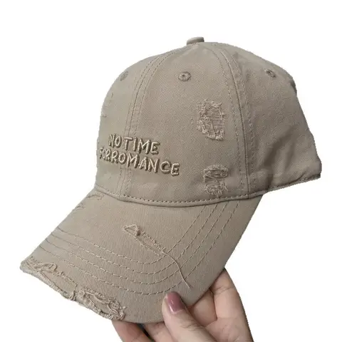 Ripped baseball cap Female alphabet embroidery Washed cotton cap Small face Wide brim Soft top sun hat