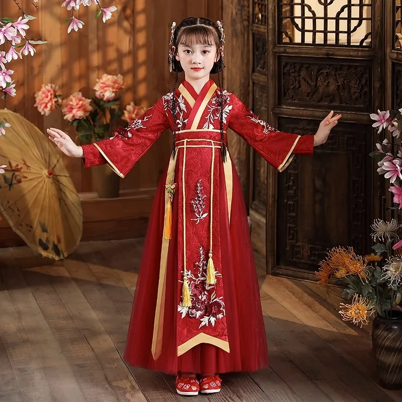 Chinese Hanfu Dress Girls Ancient Traditional Embroidered Dance Carnival Fairy Cosplay Costume Kids Chinese New Year Clothes