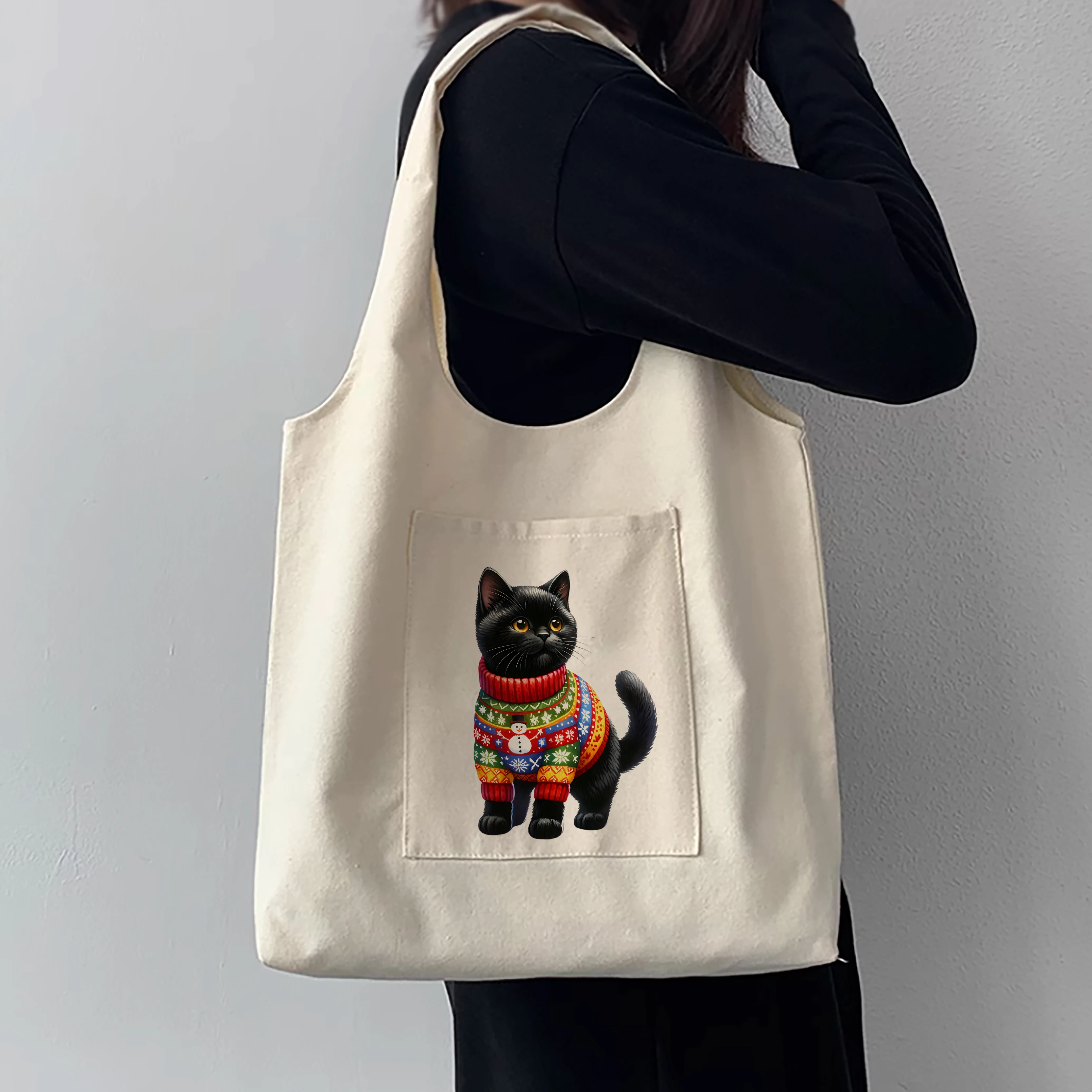 Sac de vacances en toile pour femme, sac à main, sac de rangement de cuisine divers, sac gilet pour femme, chat noir de Noël