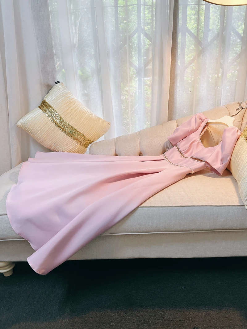 

Ele High Waist Hollow out Bubble Sve Birthday Dr Women's Faion Retro Lady Pearl Detailing Slimming Gown