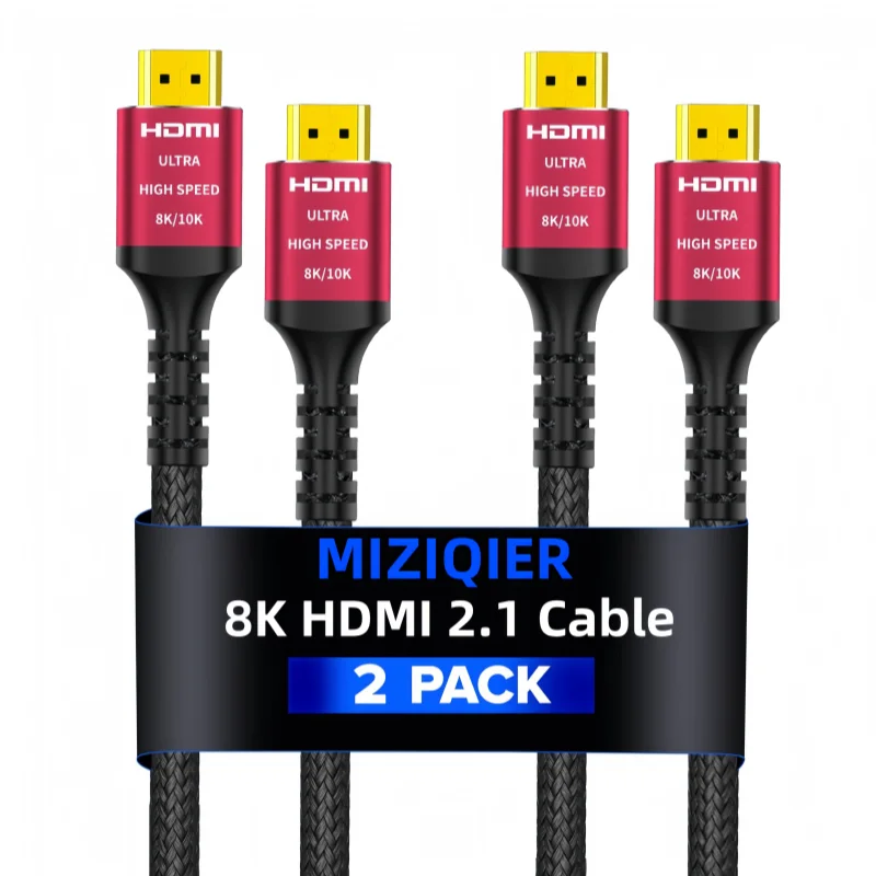 MIZIQIER 2-Pack 8K HDMI 2.1 Cable High Speed 48Gbps hdmi Braided Cord-8K60Hz 4K120Hz Compatible for PS5/PS4/X-Box/Roku TV/HDTV