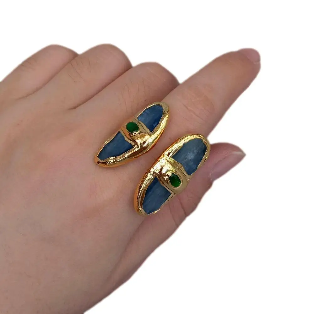 

YYGEM 14x30mm Blue Kyanite Gold Plated Ring Women Party Jewelry