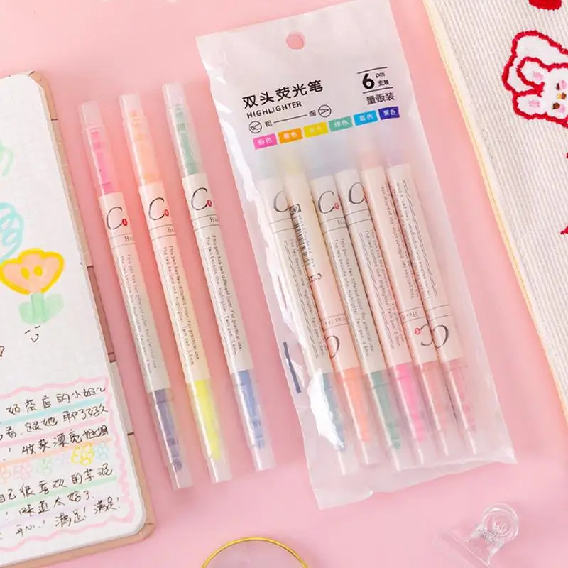 ปากกาเน้นข้อความมีสี6ชิ้นชุดปากกาเน้นข้อความหลากสีปากกามาร์คเกอร์ปลายนุ่มปากกาเน้นข้อความสีสำหรับในชีวิตประจำวัน