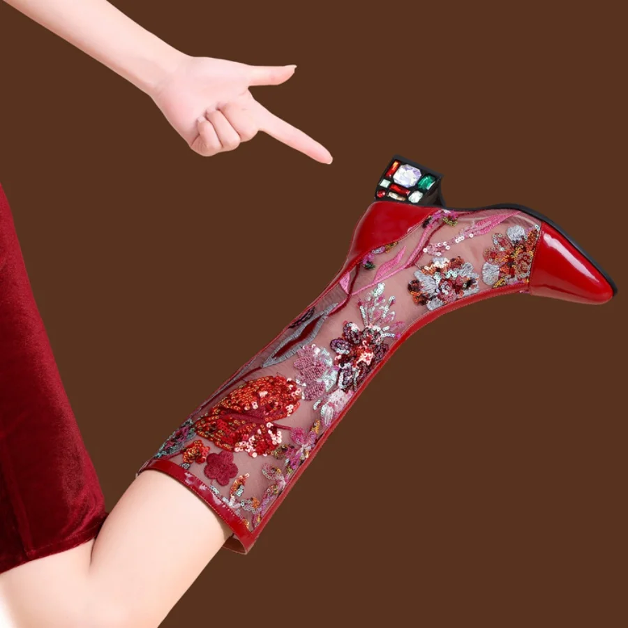 Women Ethnic Style Sequin Embroidered Mesh Knee High Boots Pointed Toe Rhinestone Block High Heel Back Zipper Summer Dress Boots