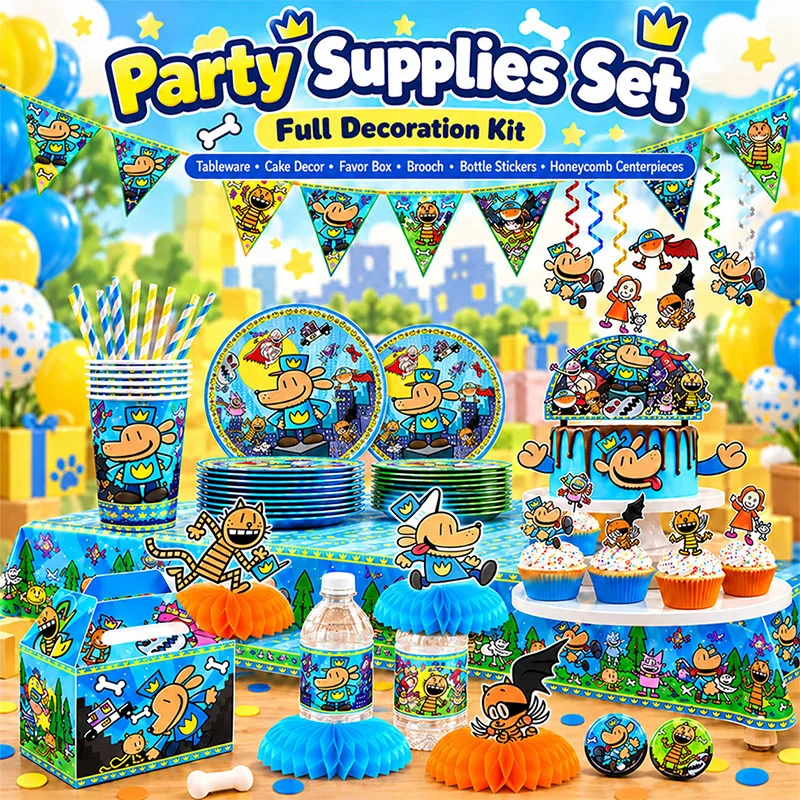Cartoon Pattern Disposable Party Tableware Kit Paper Plates Cups Cake Flag  Brooch Honeycomb Birthday Party Supplies