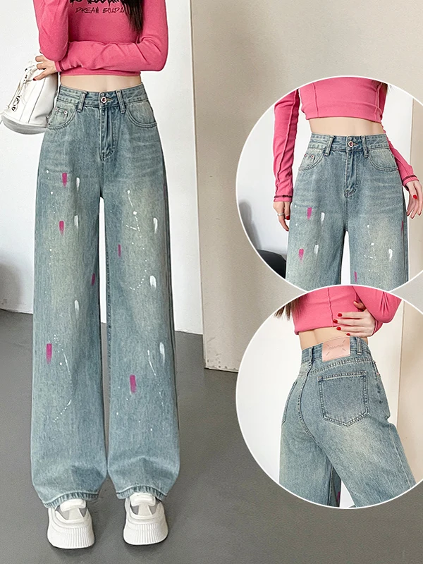 

Женские джинсы Light Wa Wide Leg Denim с эффектом масляной росписи, свободного кроя, больших размеров, весна-осень, дизайн с эффектом брызг чернил, прямые штанины.