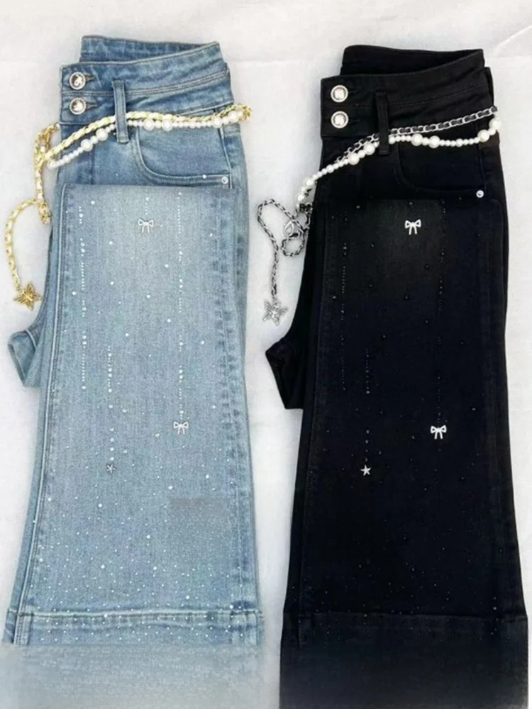

Women's High Waist Wide Leg Jeans Flared Pants Korean Sle Commute ket Design Diamond Sparkle Casual Trousers