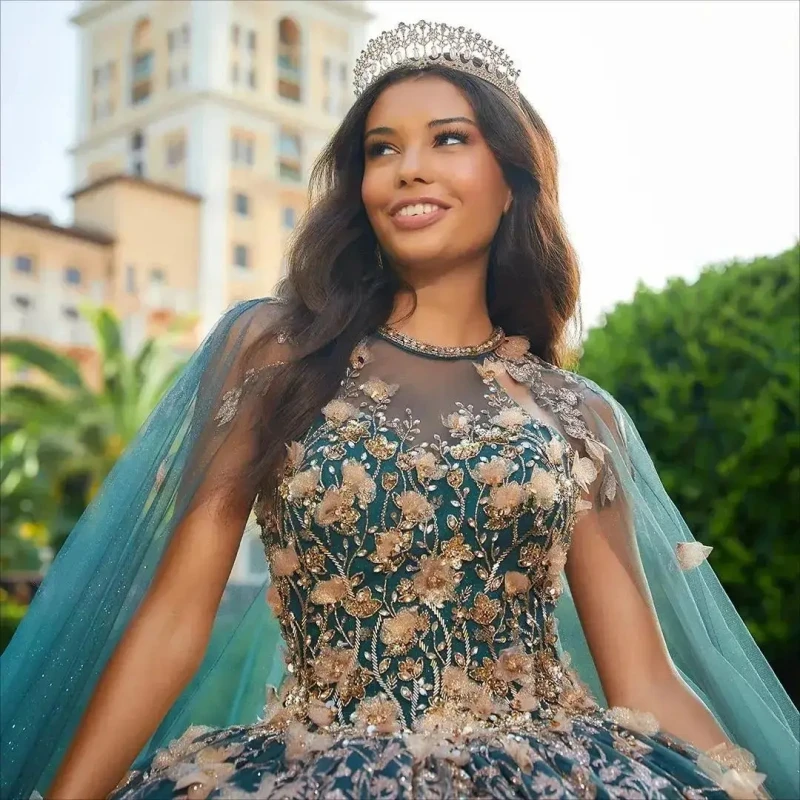 Vestidos De quinceañera con cuentas brillantes para mujer, cuello redondo, apliques, lentejuelas, capa, dulce 16, 15 Años