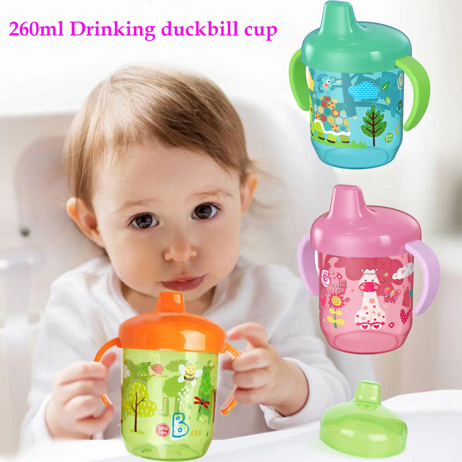 Adorable Duckbill Drinking Cup With Double Handles Baby Special Water Cup With Flip-Top Lid for Learning Independent Drinking