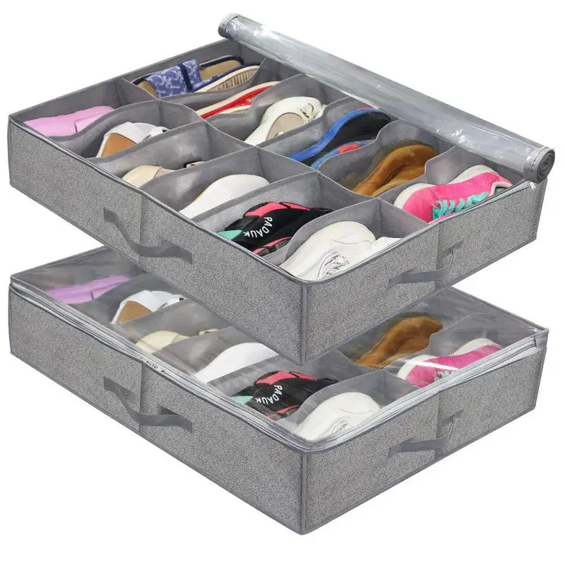 12 Grids Under Bed Shoe Storage Box Sturdy Portable Organizer with Smooth Zipper Clear Shoe Closet Dustproof Storage Bags