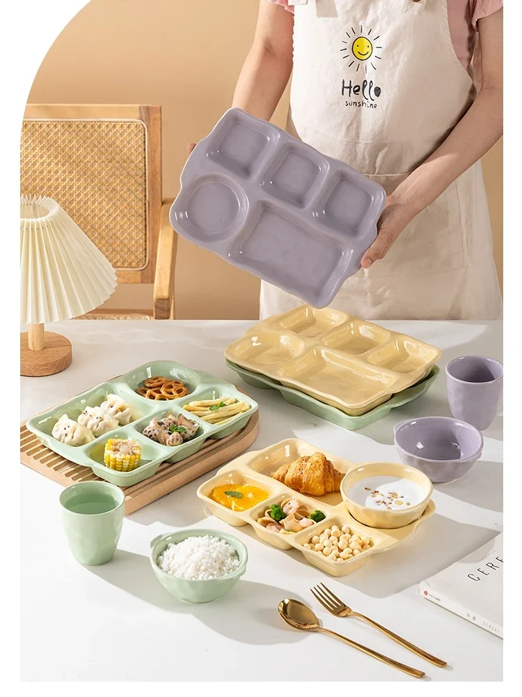 French Style Ceramic Divided Plate Rectangular Shape Weight Loss Dinner Plate for Students Home Use Moon Cake Special Plate