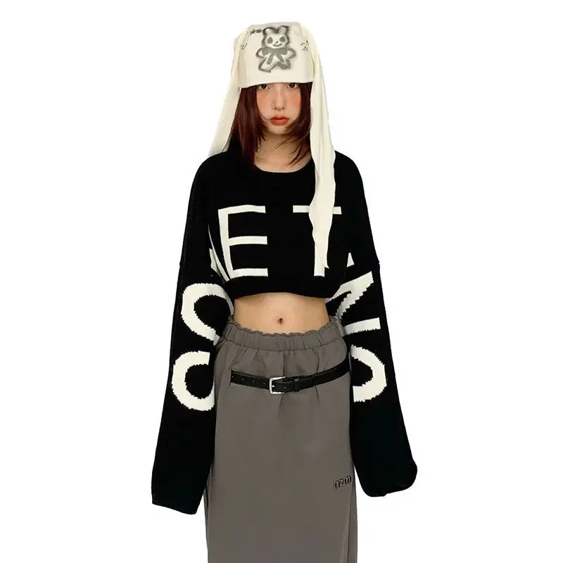 

Deeptown Black Letter Print Women Cropped Sweaters Vintage Long Sleeve Gyaru Short Pullovers Loose Korean Fashion Casual Autumm