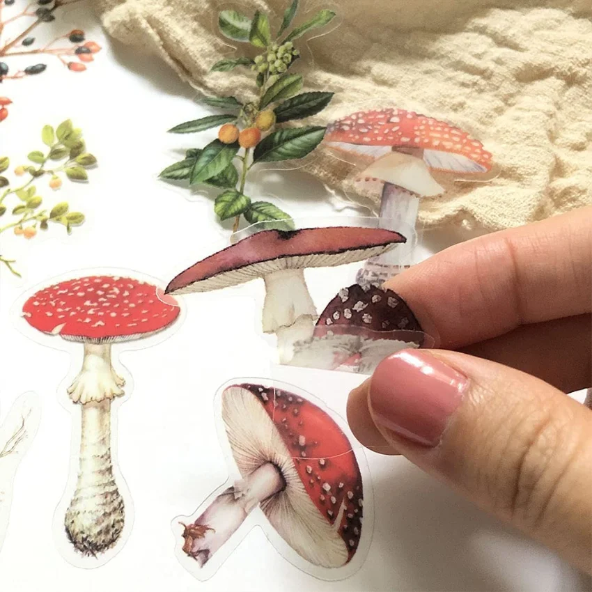 Mushrooms Plant Stickers Set(80 PCS) PET Transparent Vintage Nature  for Scrapbooking Planner Journaling DIY Crafts