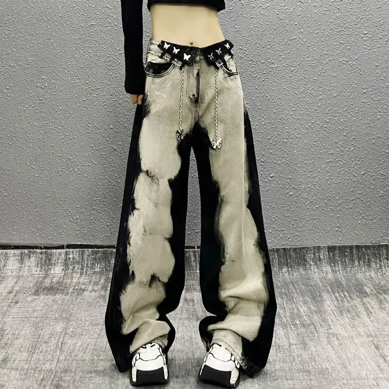 Women Plus Size Jeans Wasteland Style Tie-dye Contrast Pants Loose Straight Lapel Design Wide Leg Pants