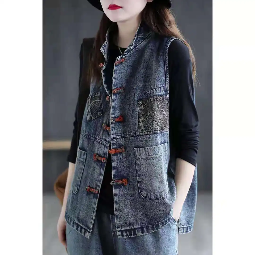 Frauen Denim Weste Baumwolle Frühling und Sommer Kurze Plus Größe Weste Chinesischen Stil Retro Korean Modische Ärmellose Jacke Frauen