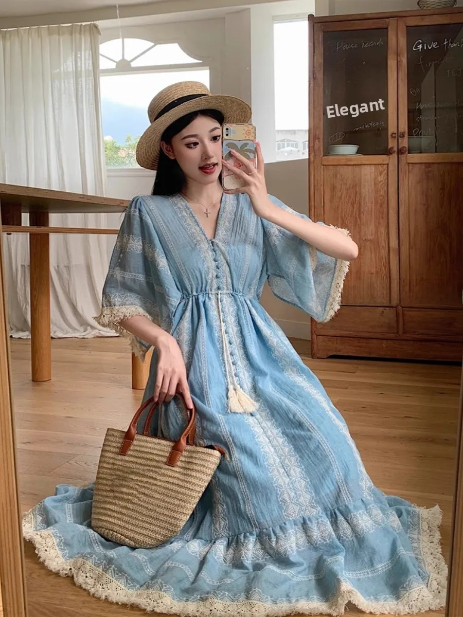 블루 V 넥 보헤미안 비치 휴가 스타일 롱 드레스 여성 플러스 사이즈 여름 여행 의류 a 라인 스커트 반소매