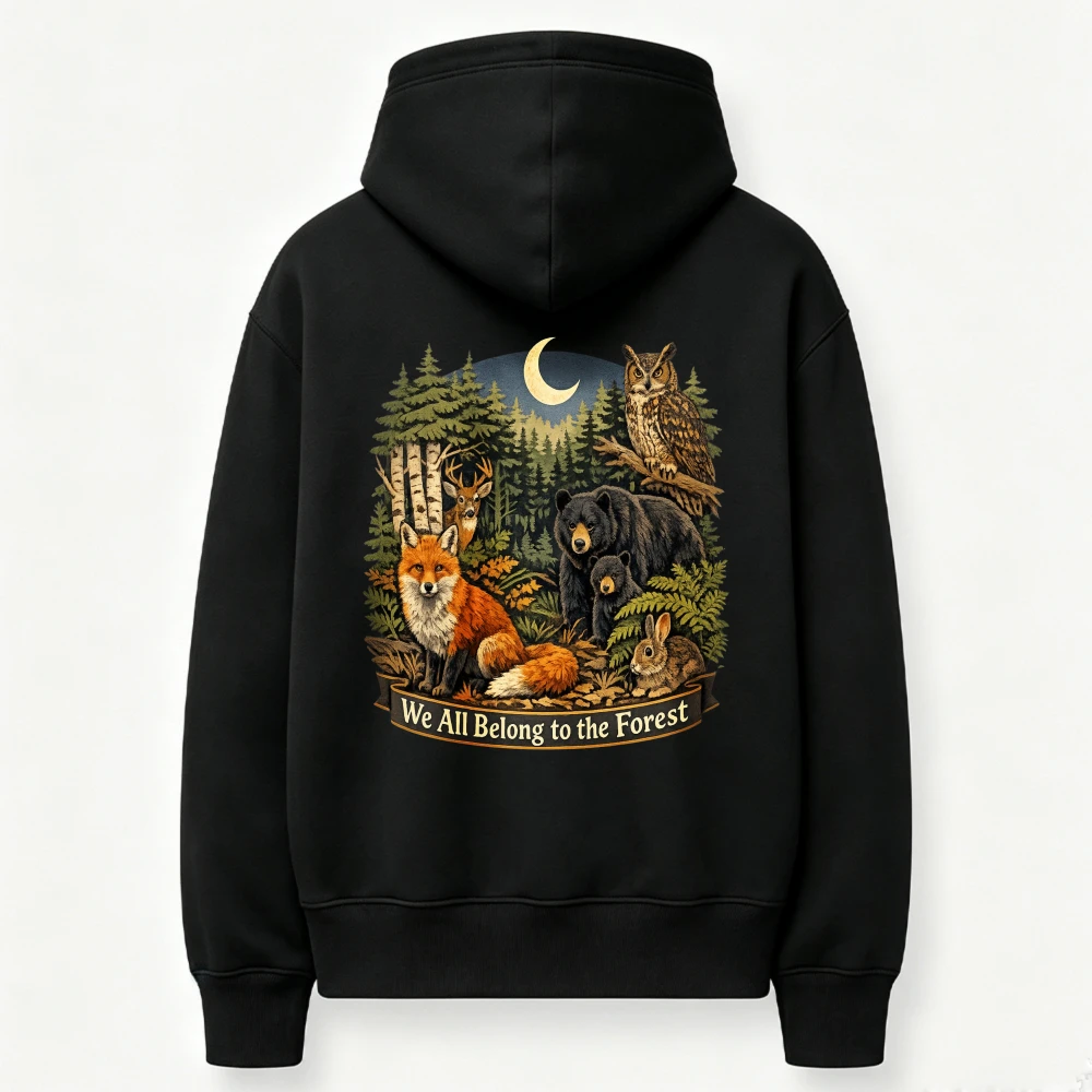 We All Belong To The Forest Wild Animals Graphic Hoodie Fox Bear Owl Deer Rabbit Crescent Moon Vintage Forest Nature Sweatshirt