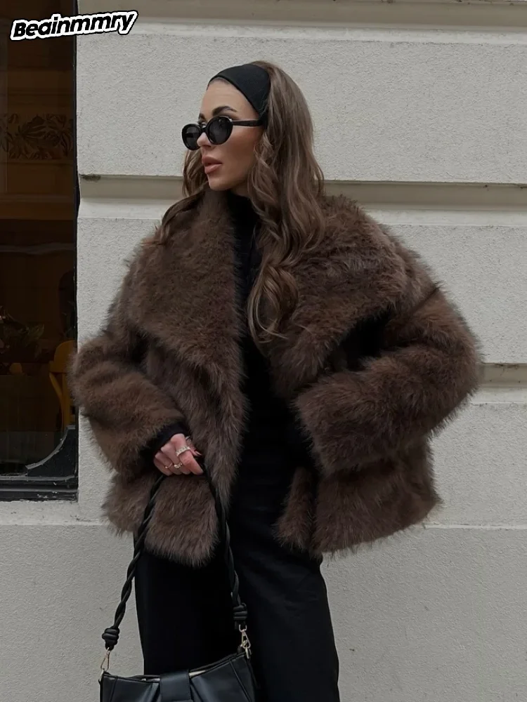 Casual Loose Warm Synthetic Fur Brown Jacket Woman Fluffy Collar Soft Long Sleeved Coats 2025 Chic Lady High Street Outerwear ﻿