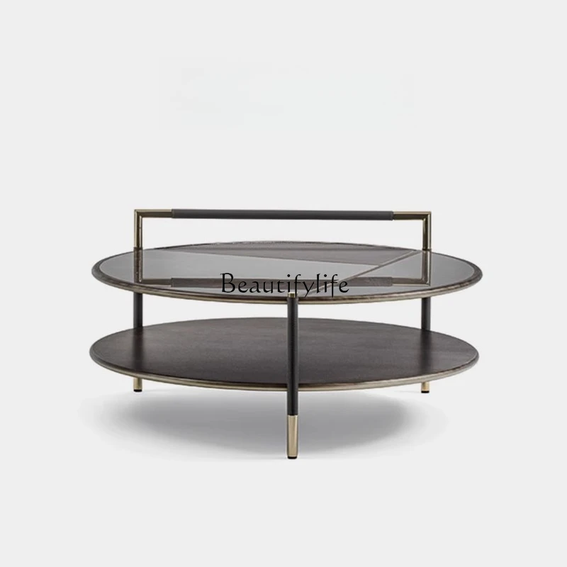 

Italian Minimalist Stainless Steel and Solid Wood Double-Layer Light Luxury Saddle Leather Side Table